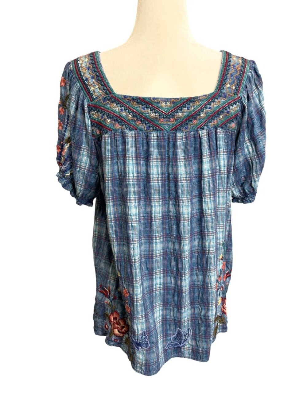 Johnny Was Workshop Women Size M Aimee Peasant Top Floral Embroidered Blue Plaid - Picture 4 of 8